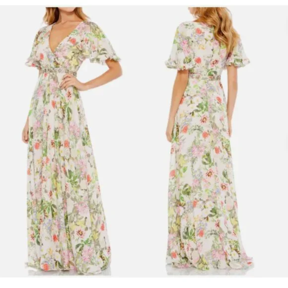 Mac Duggal | Dresses | Mac Duggal 979 Floral Print Faux Wrap Flutter Sleeve  Aline Gown Sz 2 | Poshmark